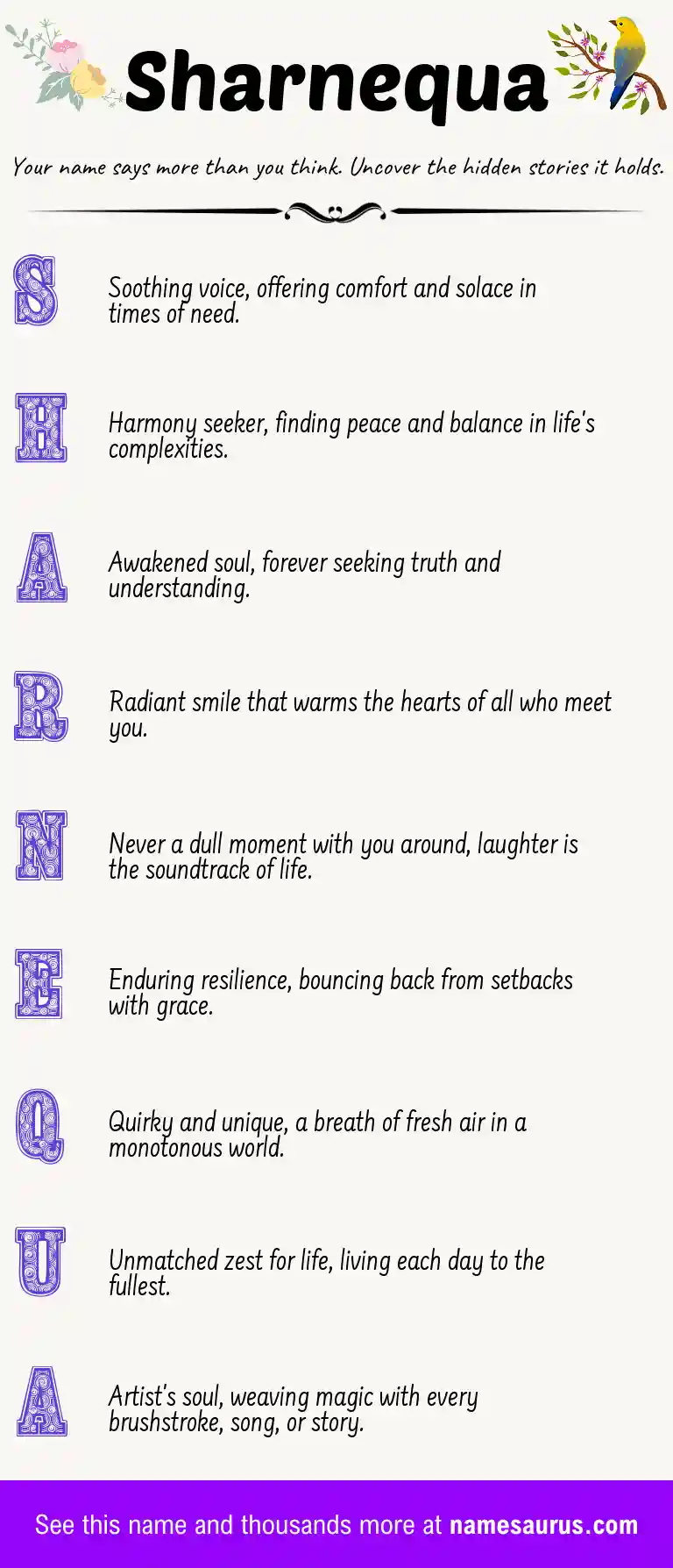 Acrostic poem about Sharnequa.