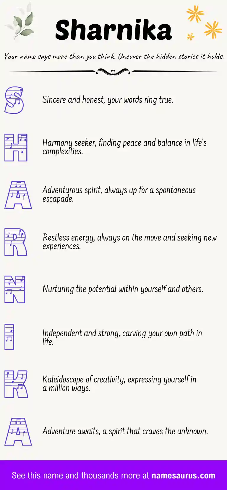 Acrostic poem about Sharnika.