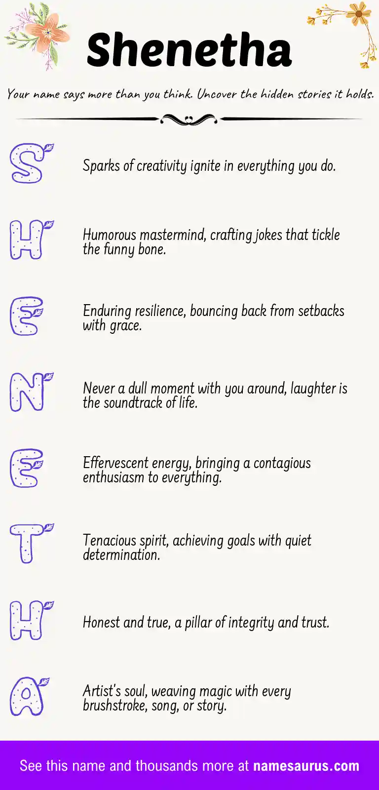 Acrostic poem about Shenetha.