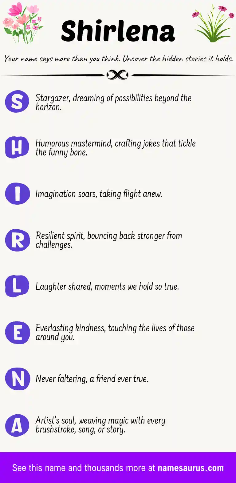 Acrostic poem about Shirlena.