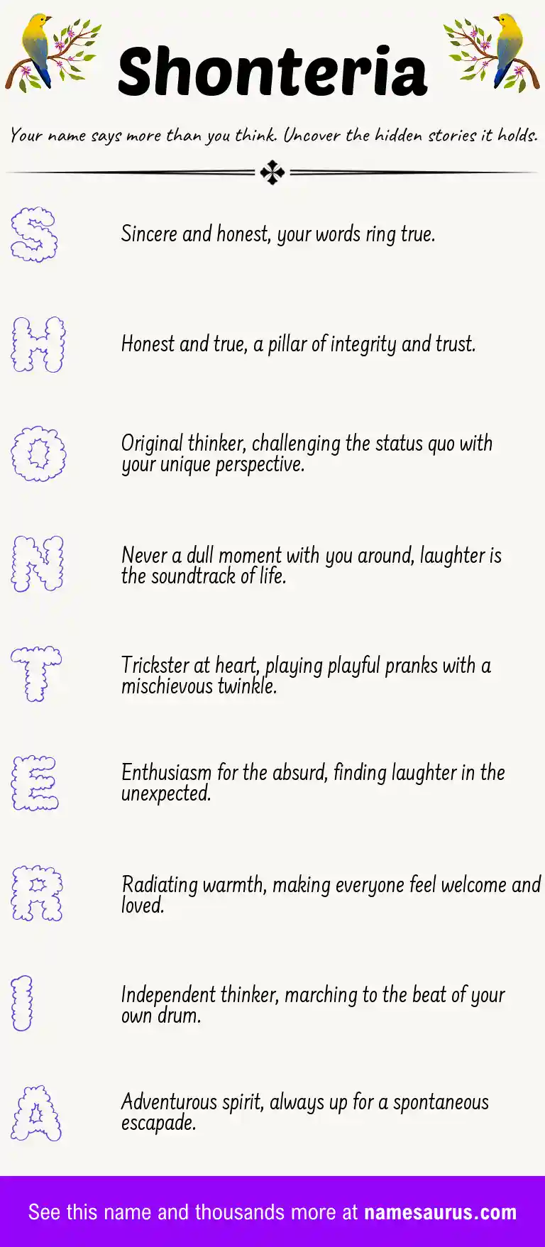 Acrostic poem about Shonteria.