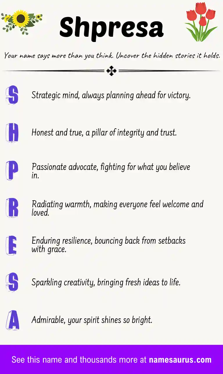 Acrostic poem about Shpresa.