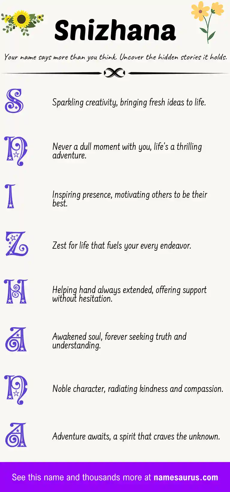 Acrostic poem about Snizhana.