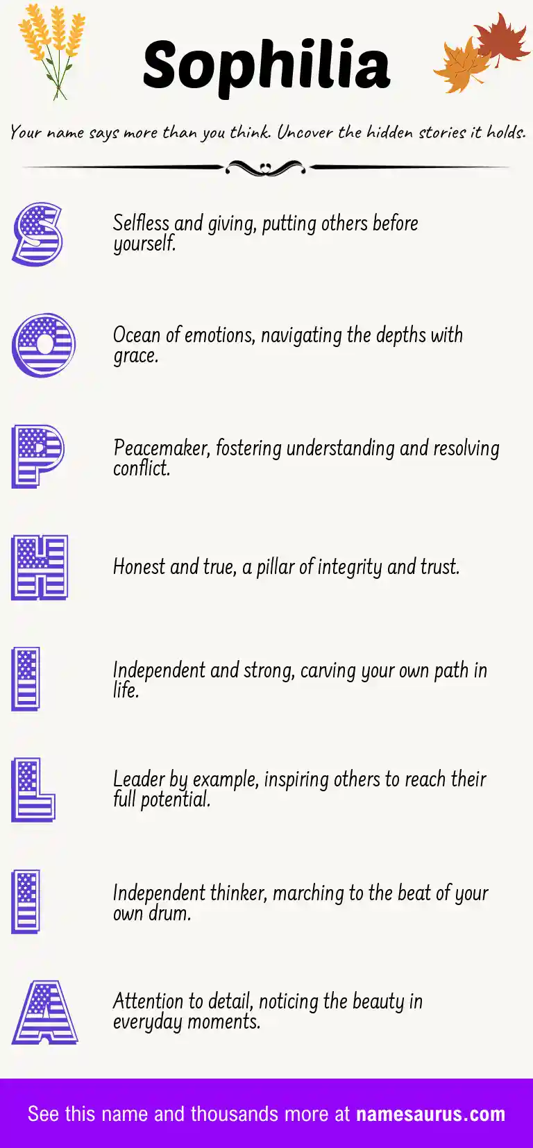 Acrostic poem about Sophilia.