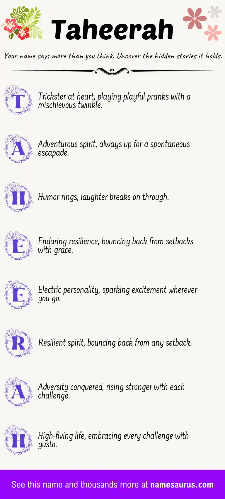 Acrostic poem about Taheerah.