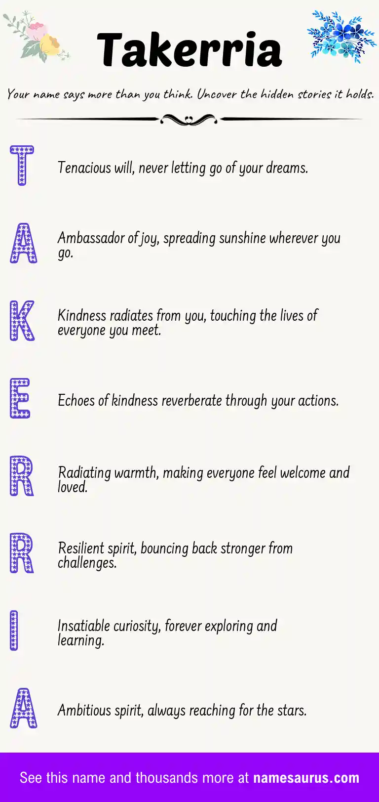 Acrostic poem about Takerria.