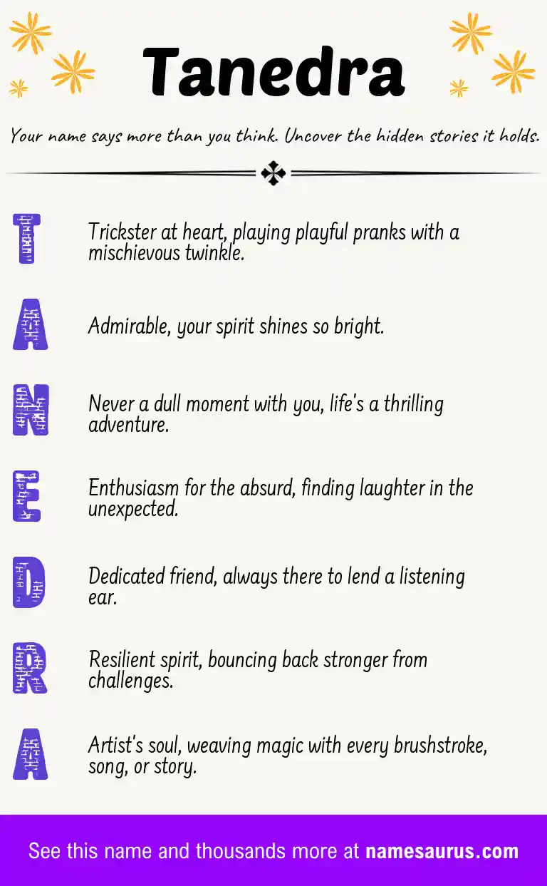 Acrostic poem about Tanedra.