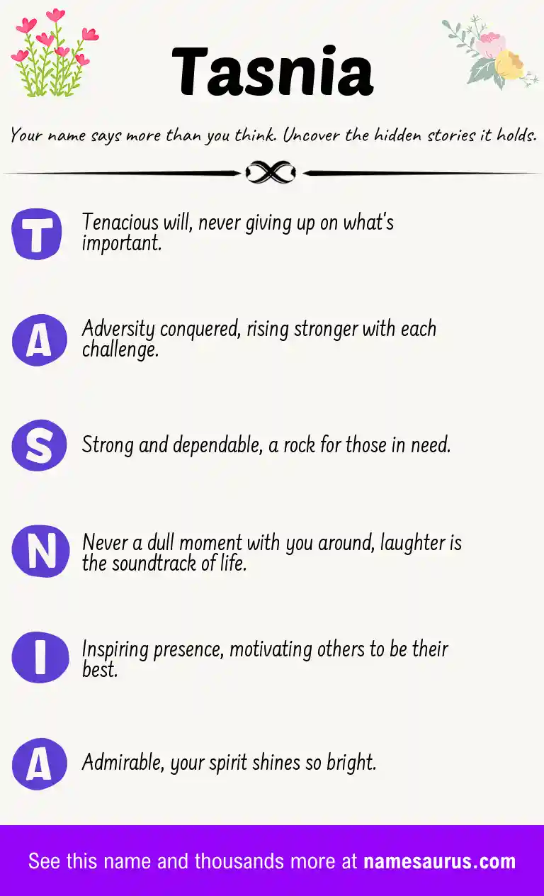 Acrostic poem about Tasnia.