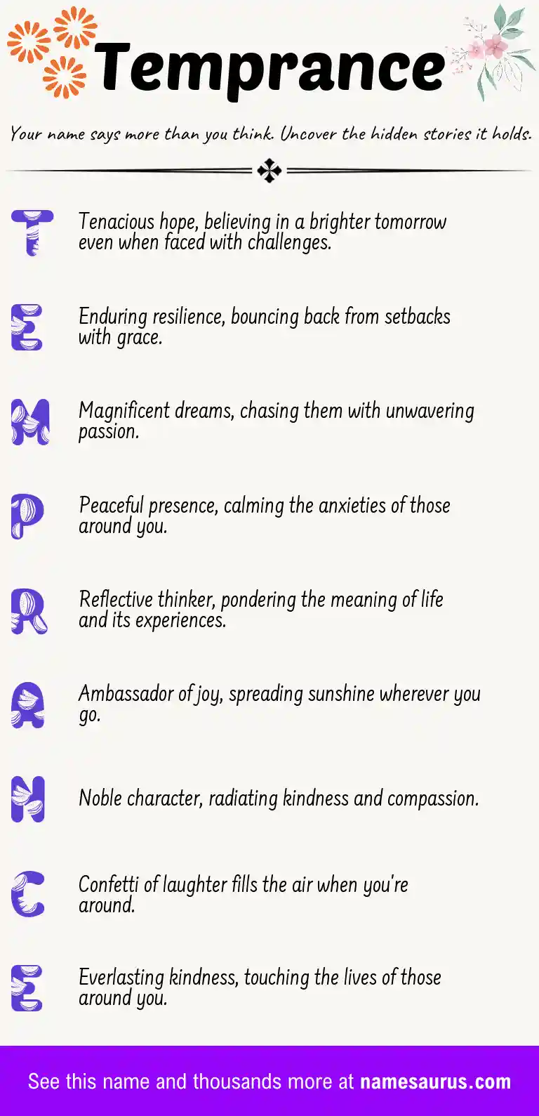 Acrostic poem about Temprance.