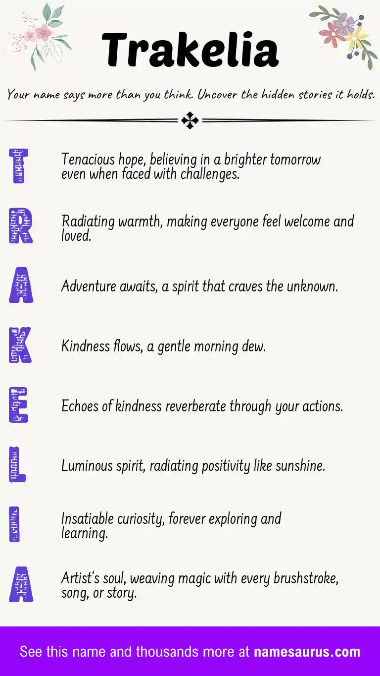 Acrostic poem about Trakelia.
