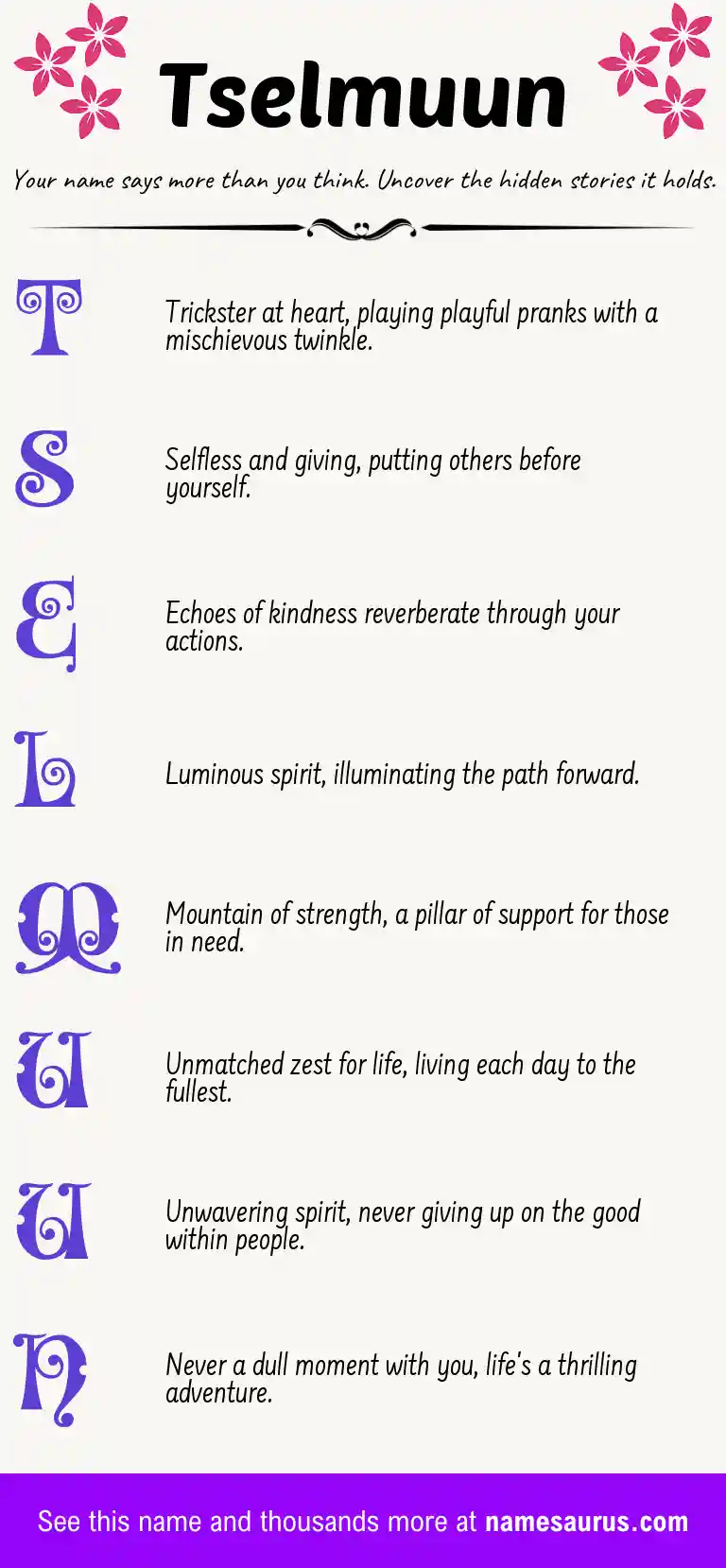 Acrostic poem about Tselmuun.