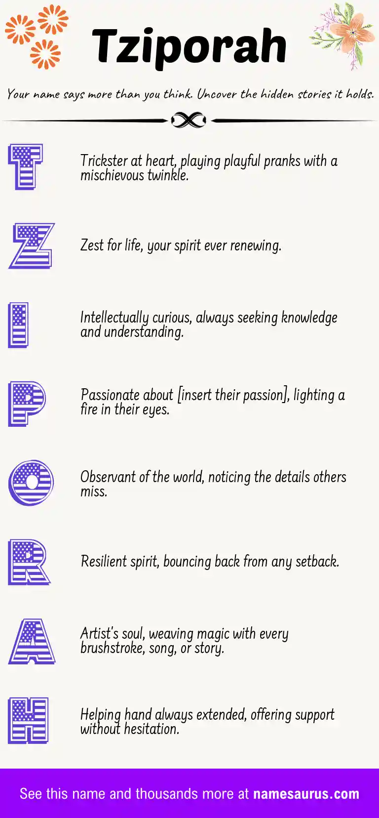 Acrostic poem about Tziporah.