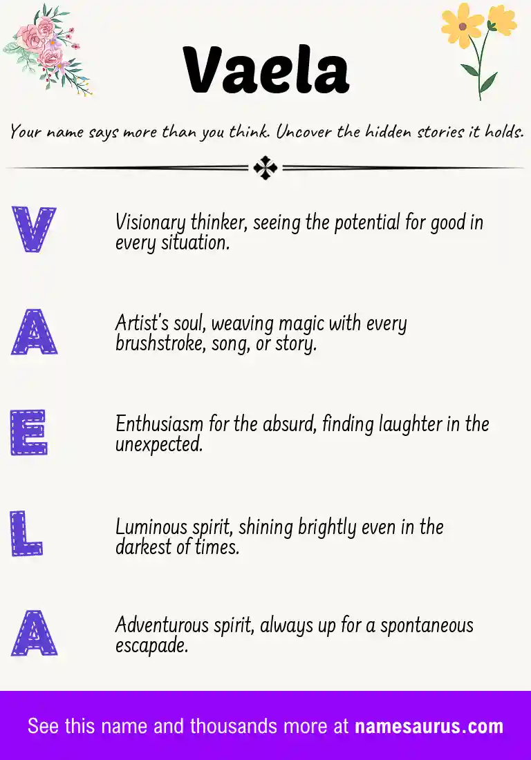 Acrostic poem about Vaela.