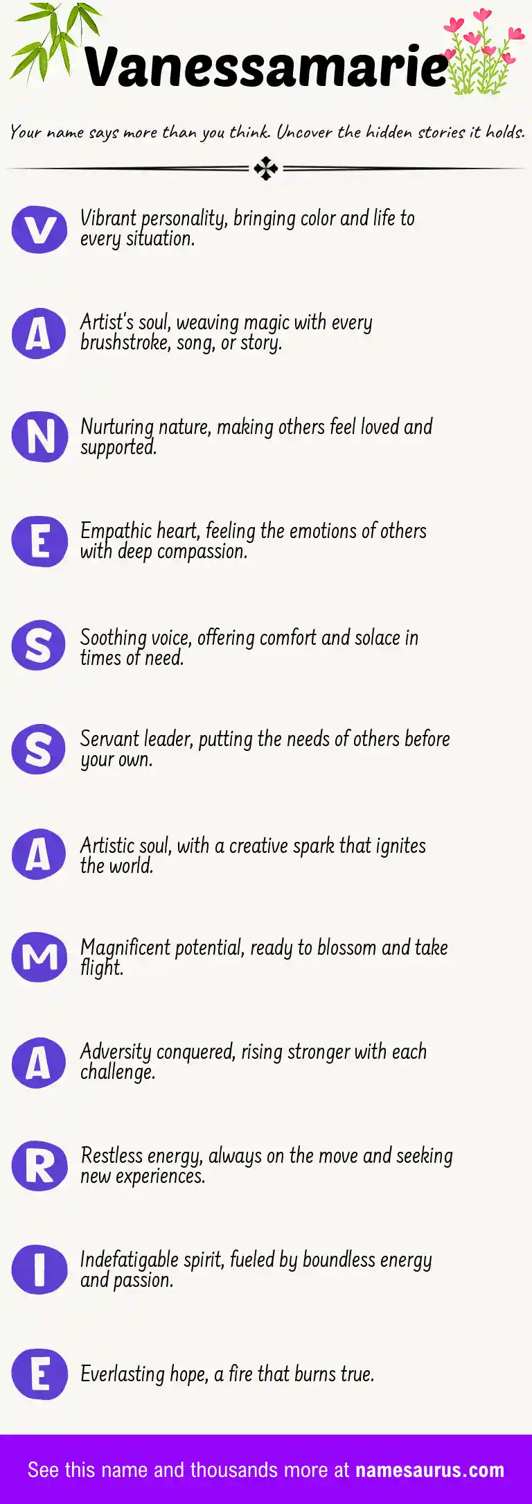 Acrostic poem about Vanessamarie.
