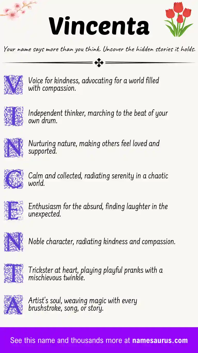Acrostic poem about Vincenta.