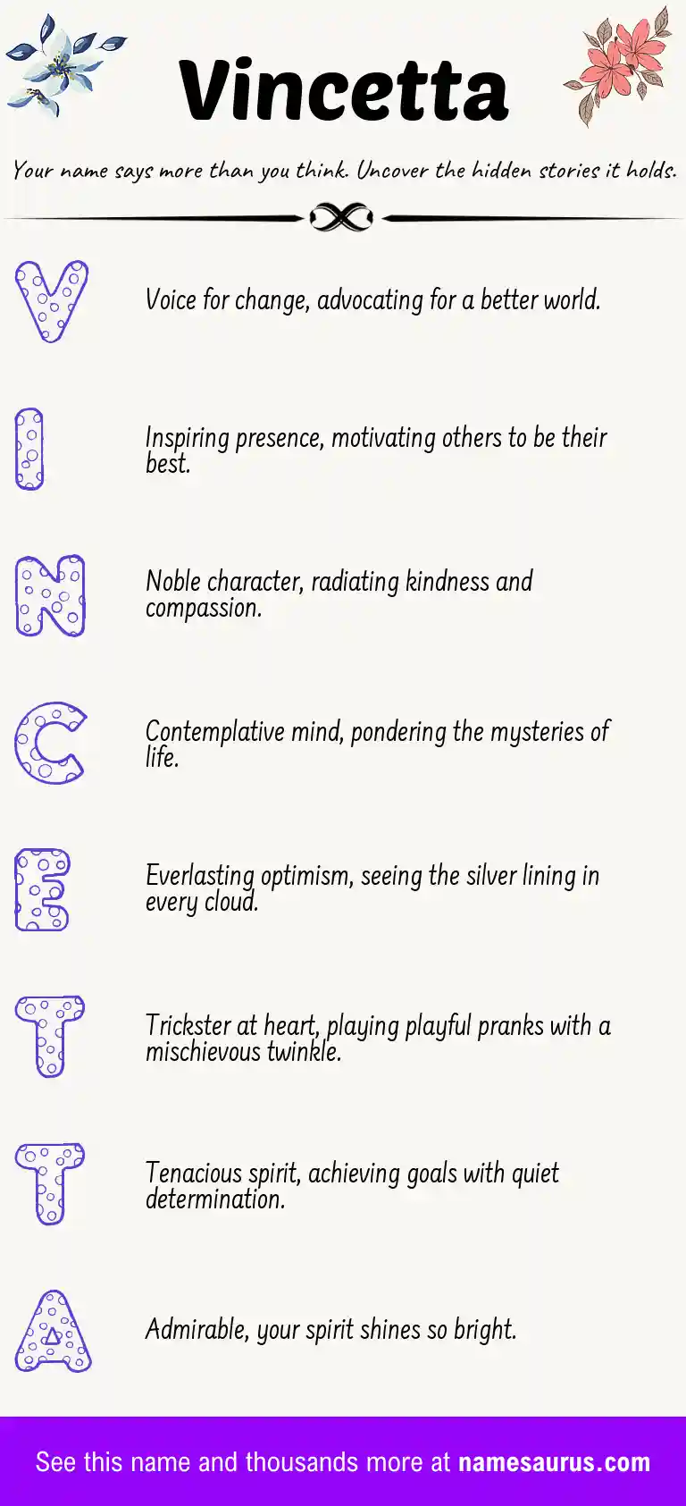 Acrostic poem about Vincetta.