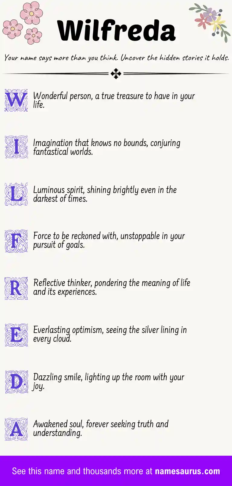 Acrostic poem about Wilfreda.