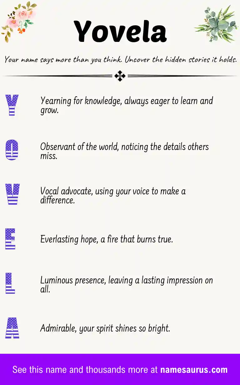 Acrostic poem about Yovela.