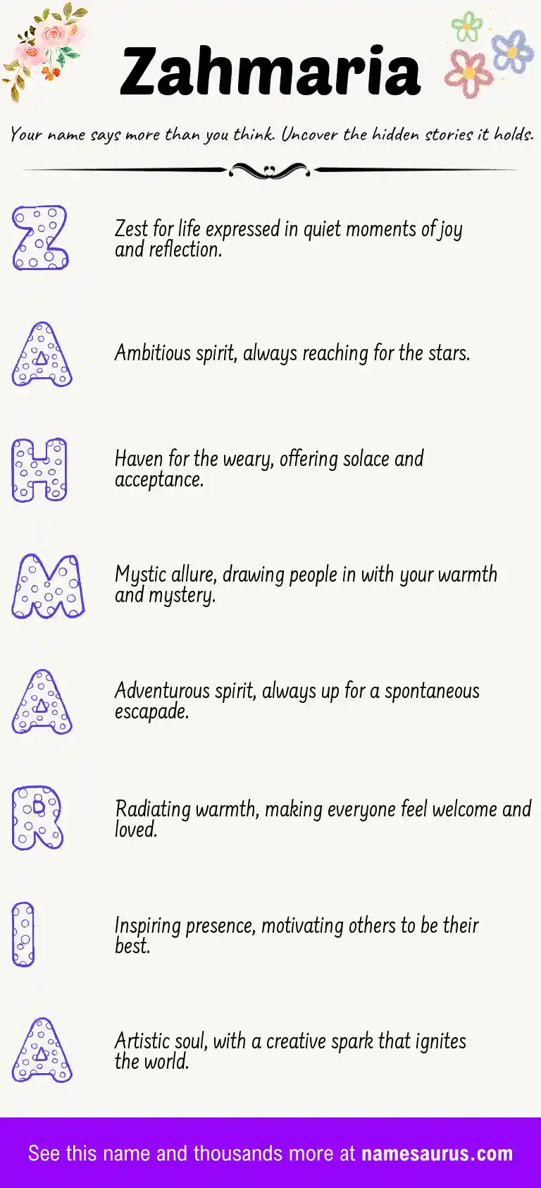 Acrostic poem about Zahmaria.