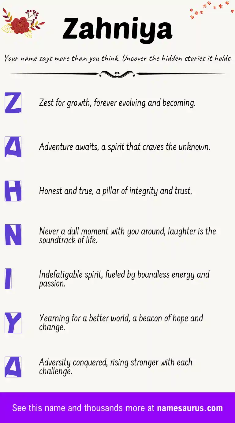 Acrostic poem about Zahniya.