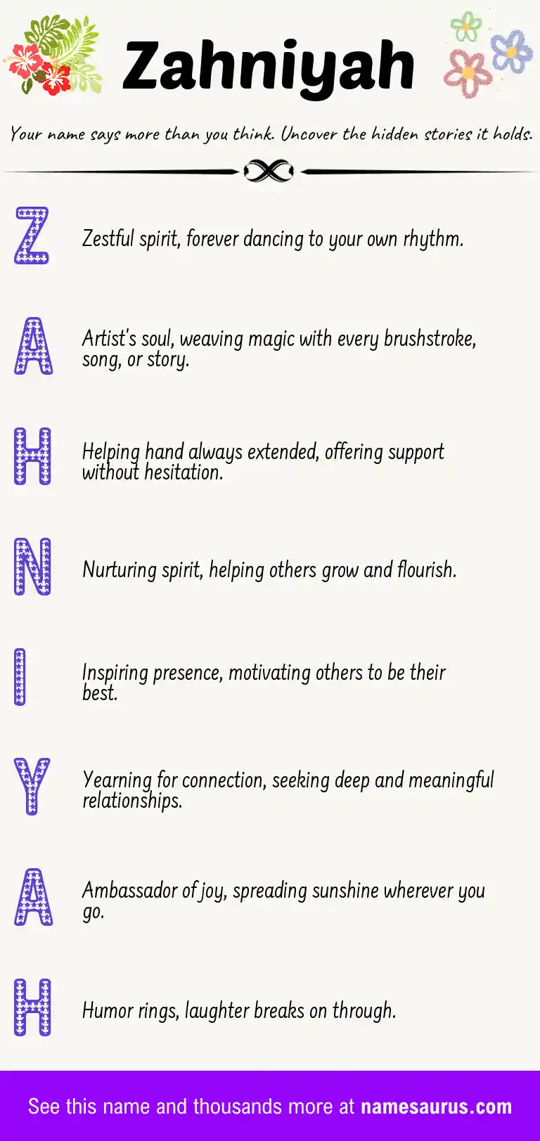 Acrostic poem about Zahniyah.