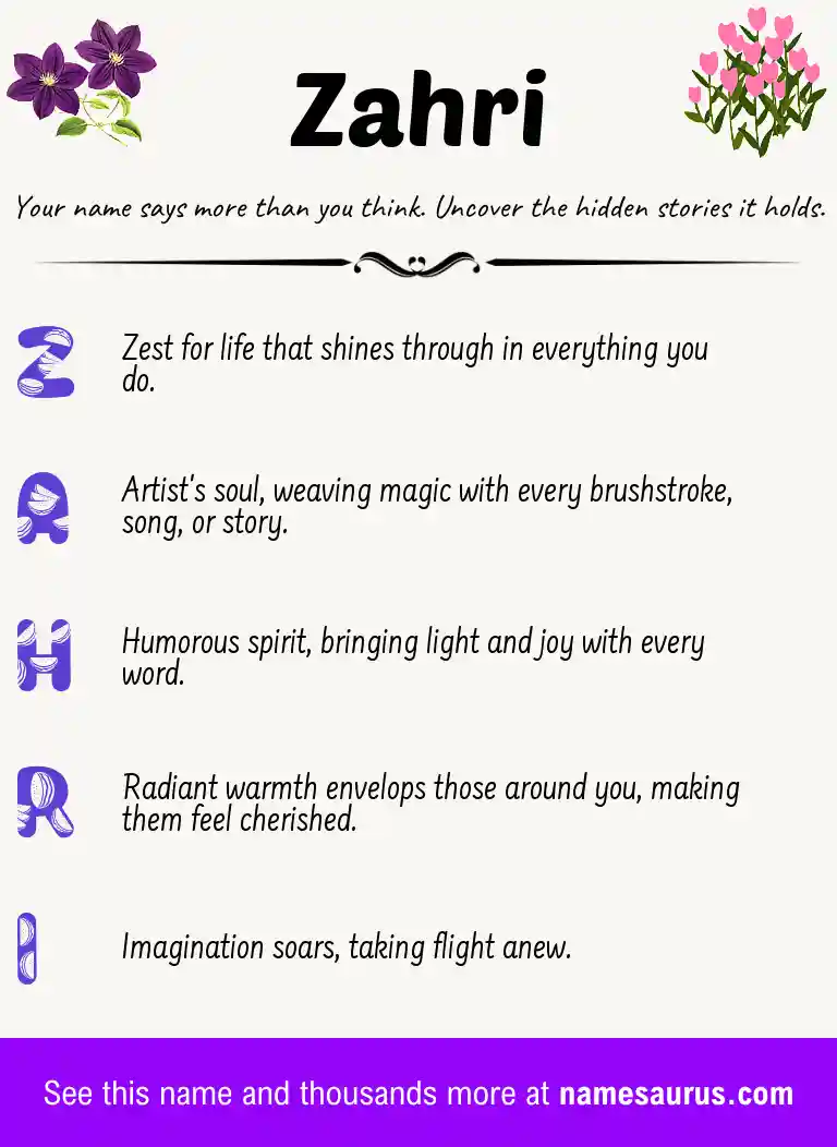 Acrostic poem about Zahri.