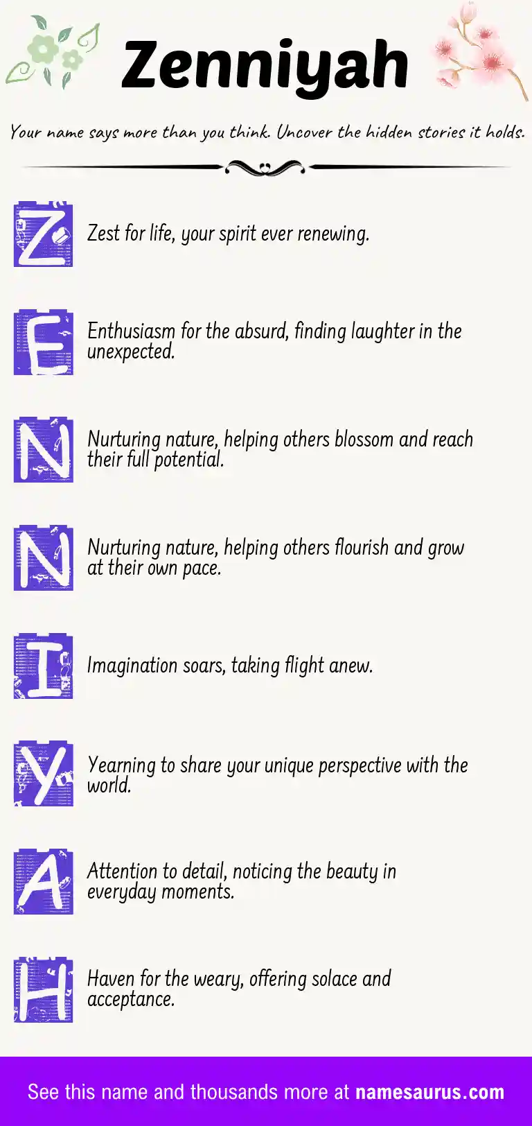 Acrostic poem about Zenniyah.