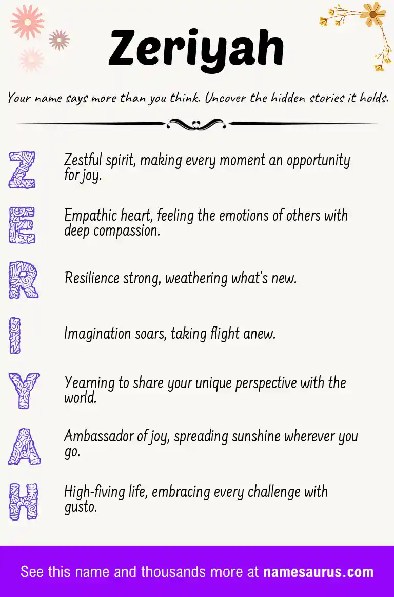 Acrostic poem about Zeriyah.