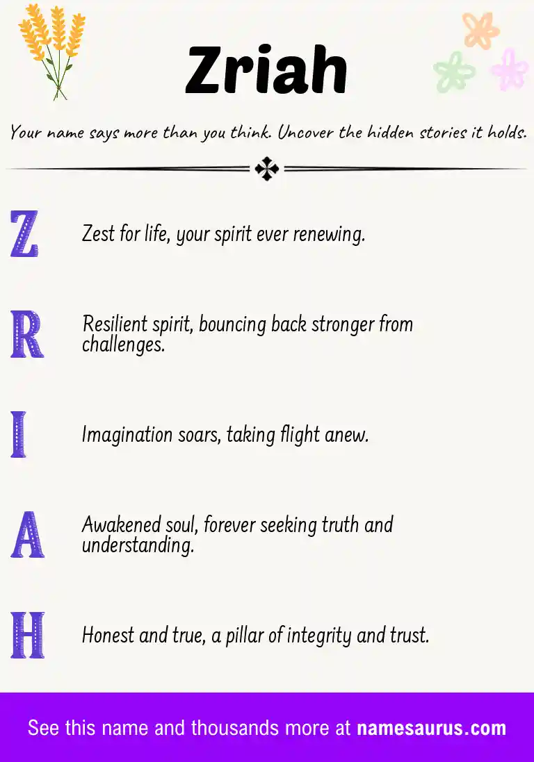 Acrostic poem about Zriah.