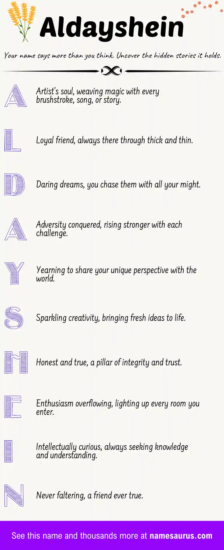 Acrostic poem about Aldayshein.