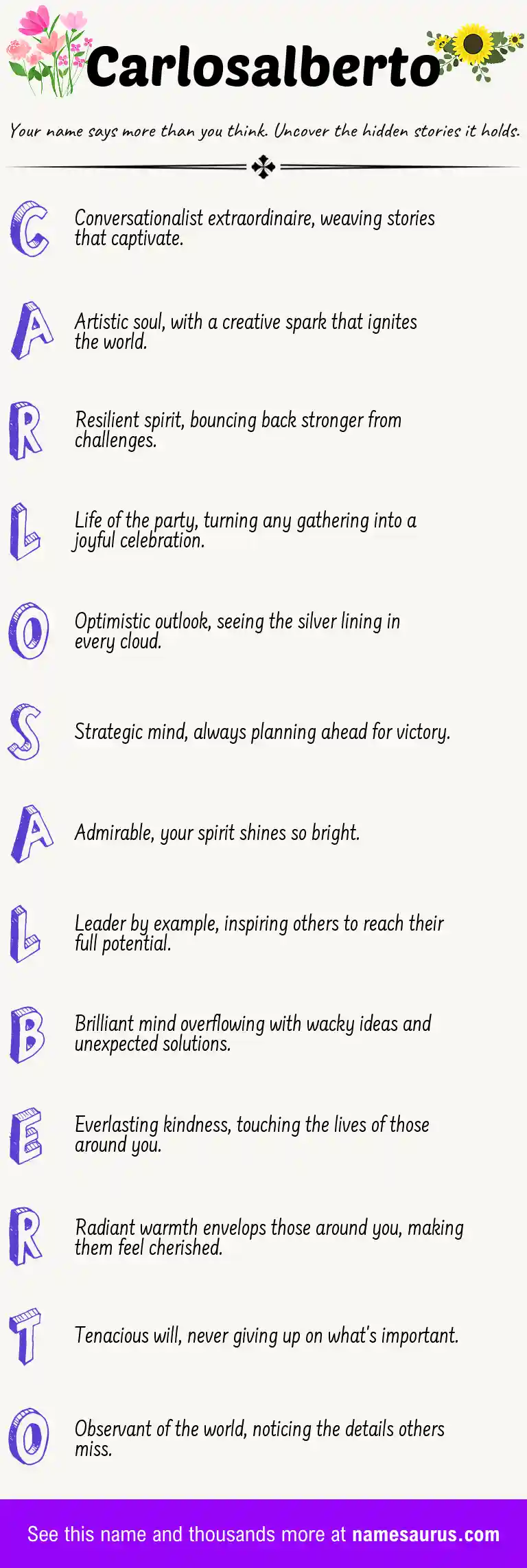 Acrostic poem about Carlosalberto.