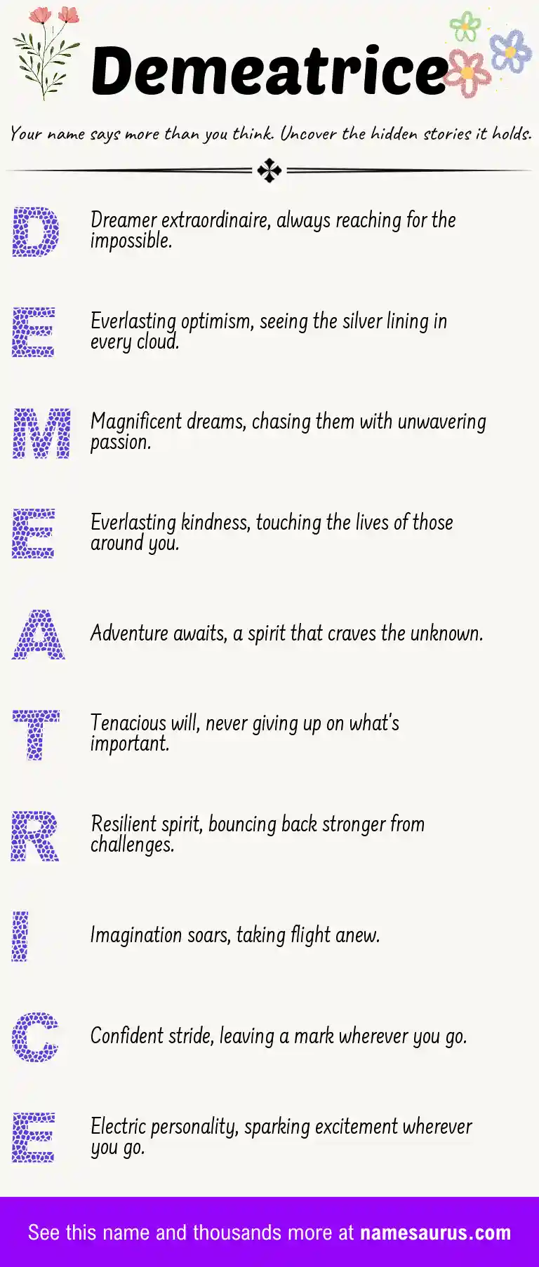 Acrostic poem about Demeatrice.