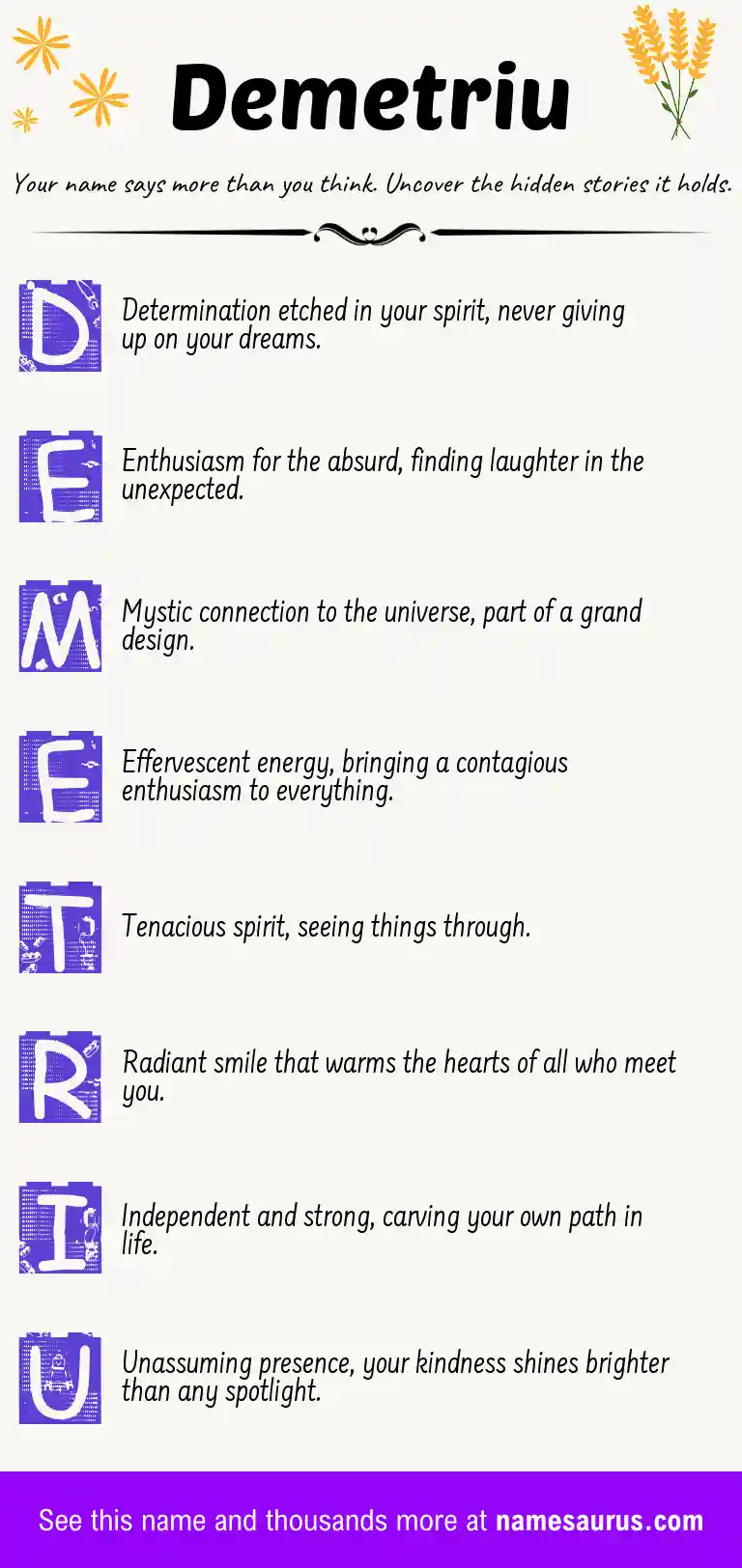 Acrostic poem about Demetriu.