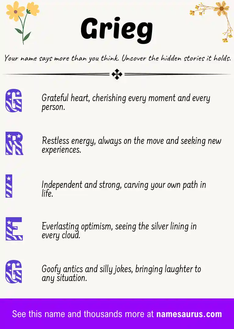 Acrostic poem about Grieg.