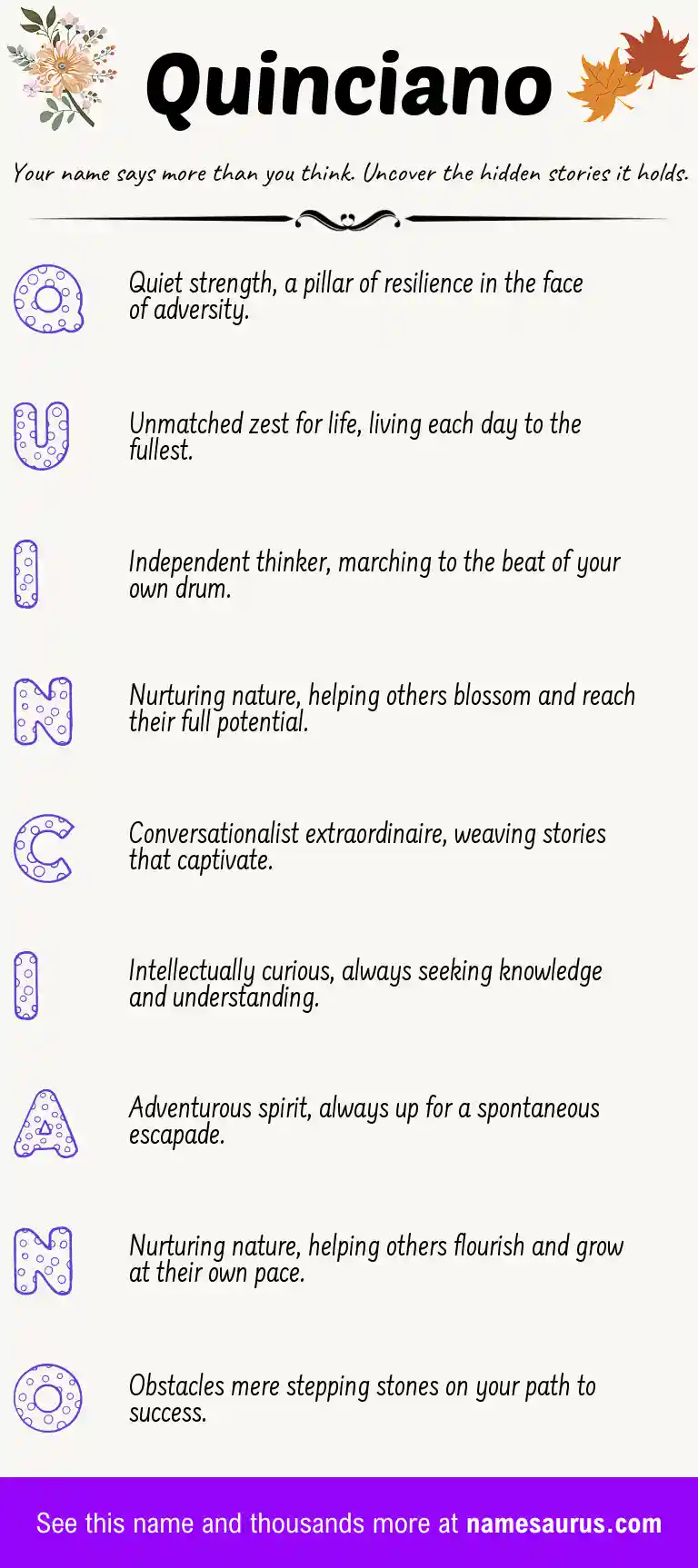 Acrostic poem about Quinciano.