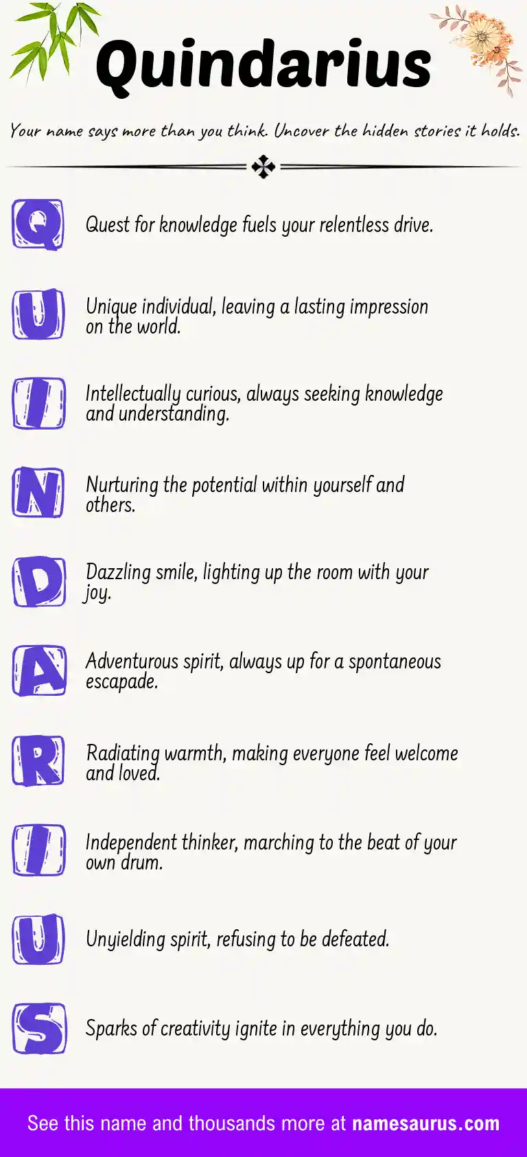 Acrostic poem about Quindarius.
