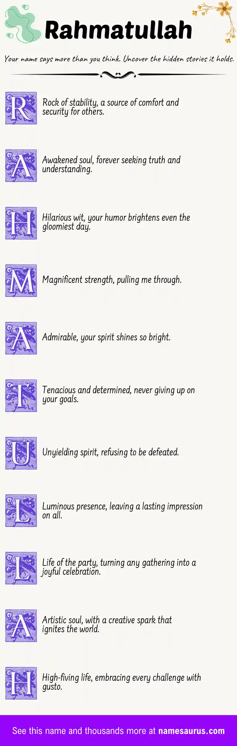 Acrostic poem about Rahmatullah.