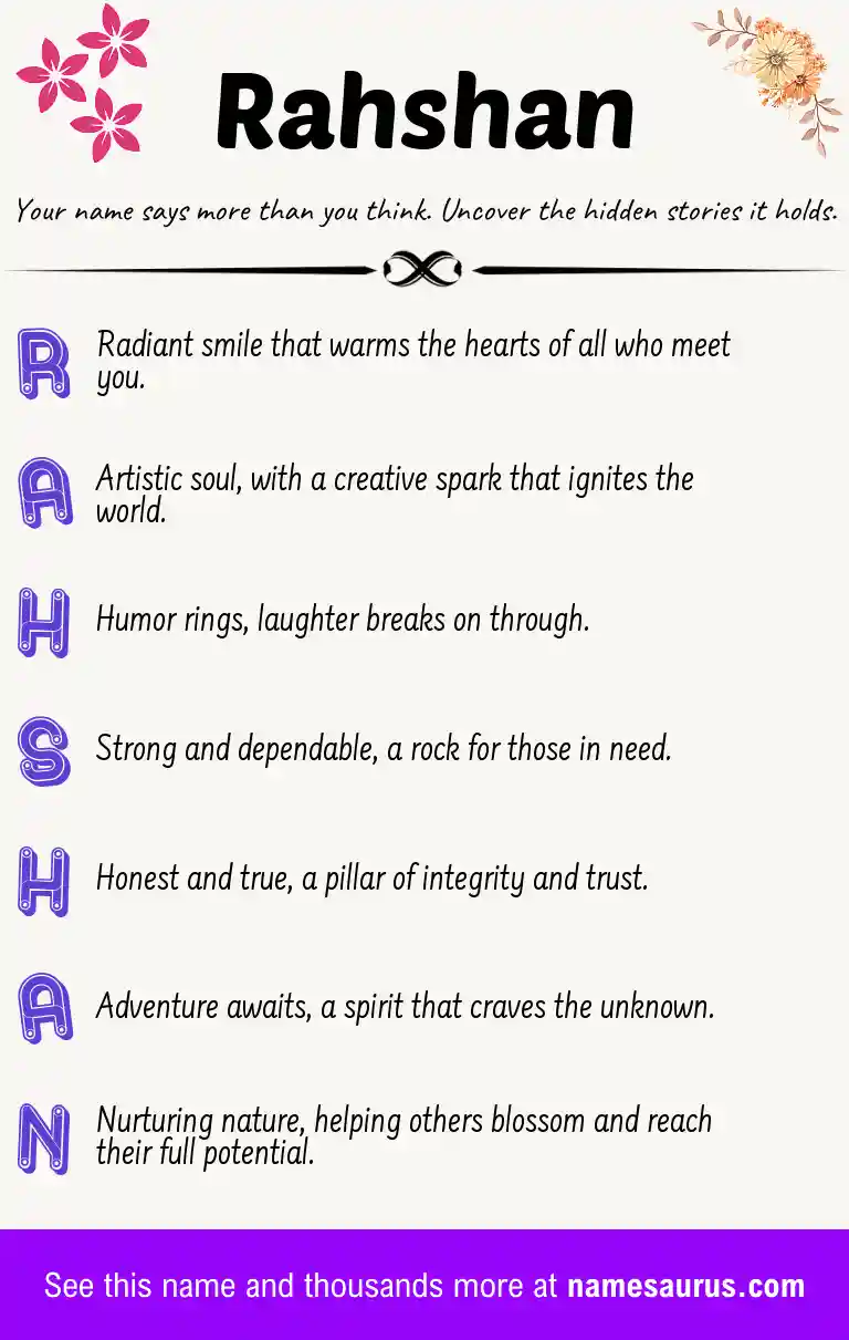 Acrostic poem about Rahshan.