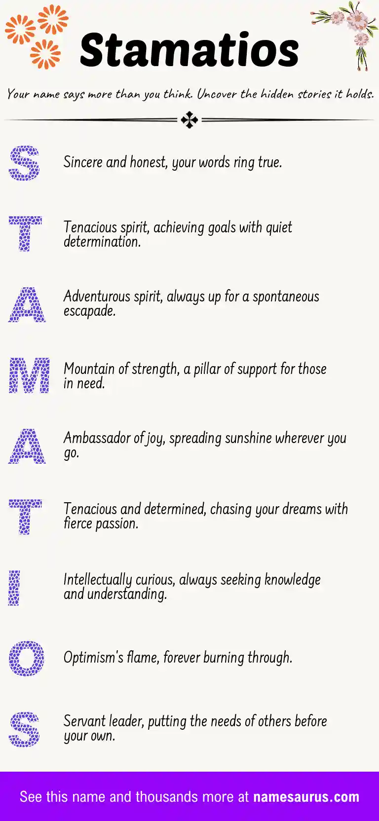 Acrostic poem about Stamatios.