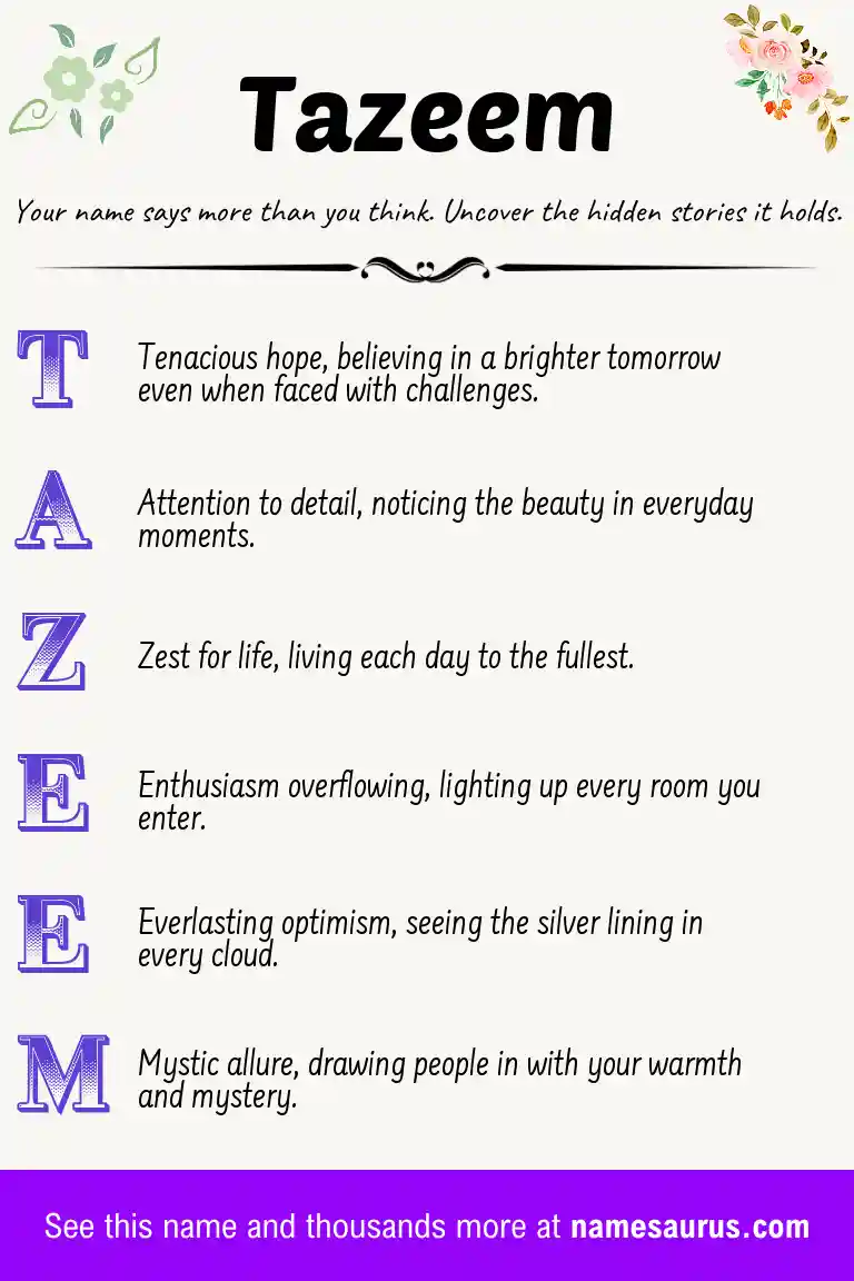 Acrostic poem about Tazeem.