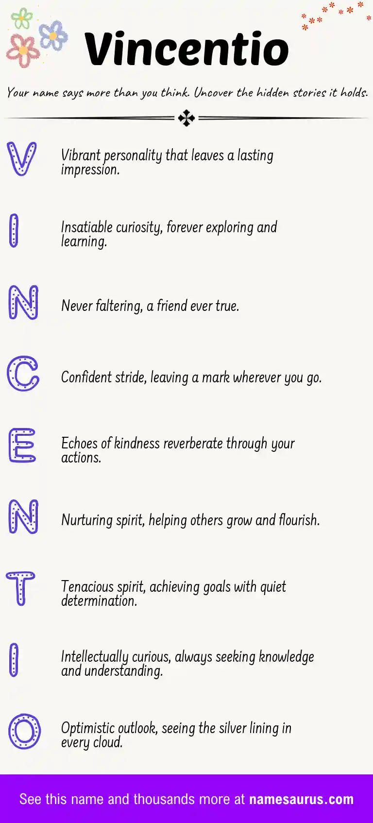 Acrostic poem about Vincentio.