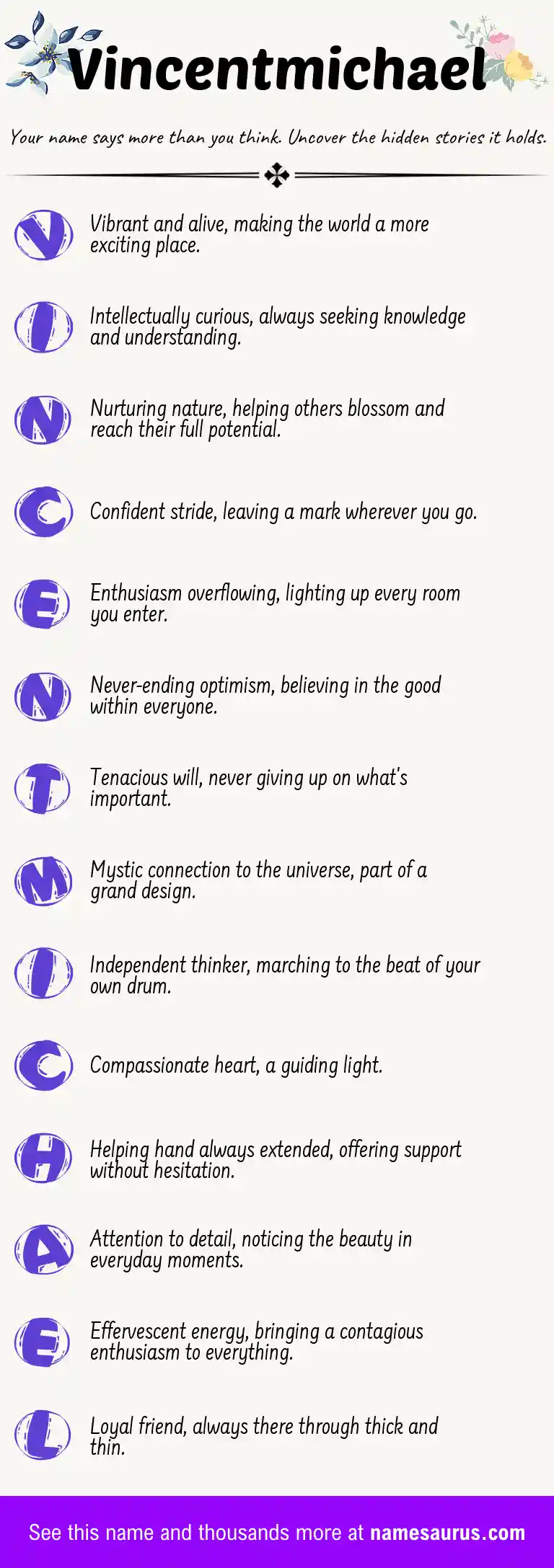 Acrostic poem about Vincentmichael.