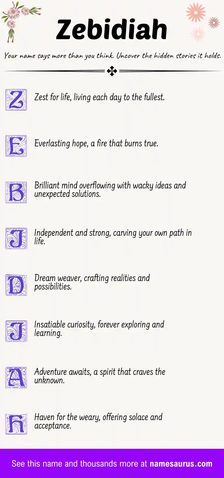Acrostic poem about Zebidiah.