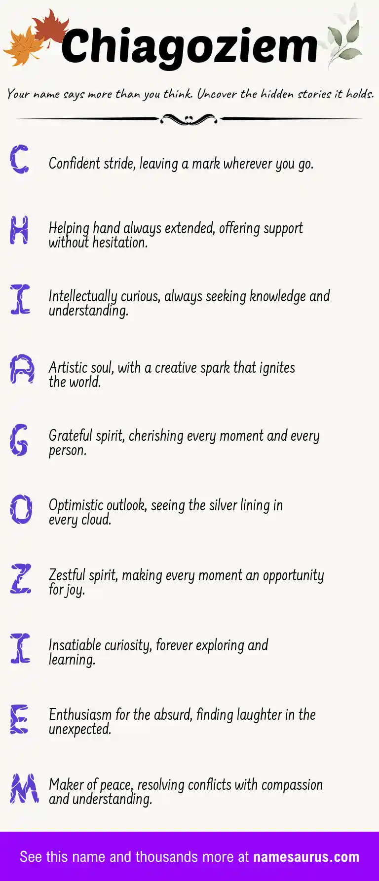 Acrostic poem about Chiagoziem.