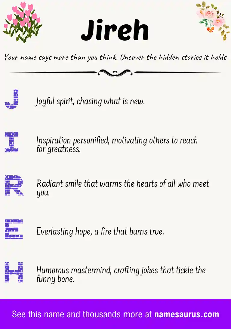 Acrostic poem about Jireh.