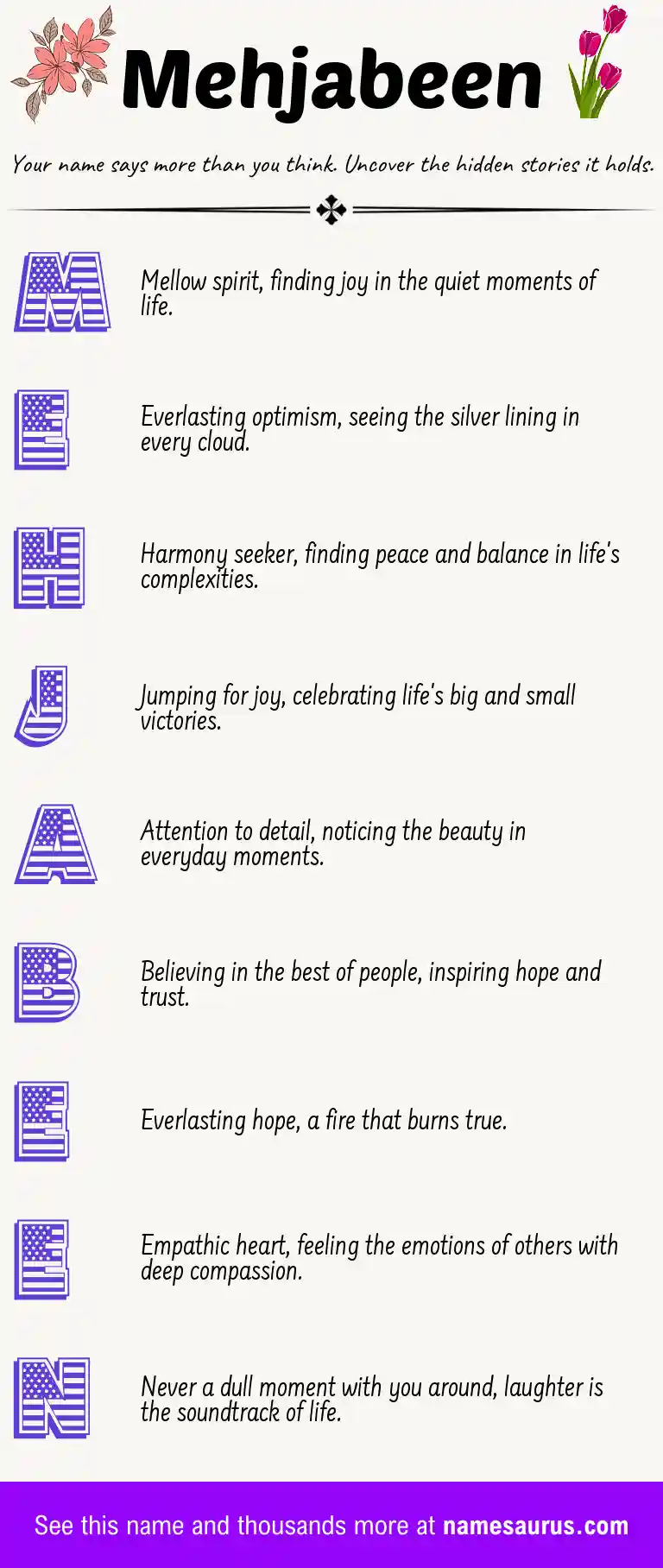 Acrostic poem about Mehjabeen.