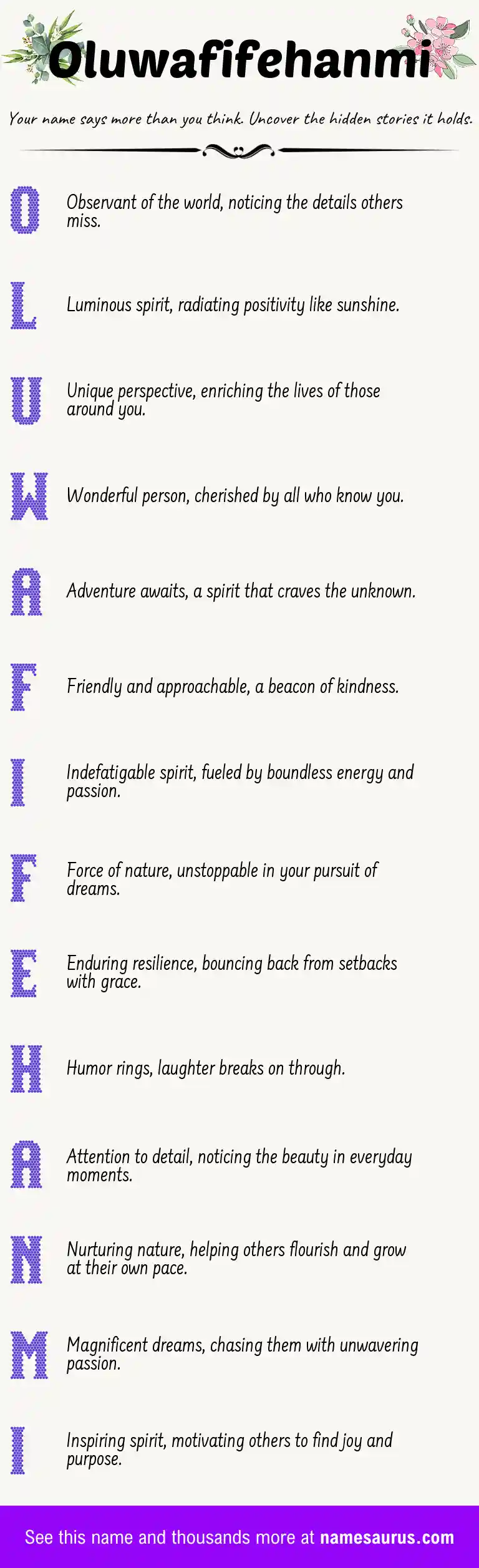 Acrostic poem about Oluwafifehanmi.