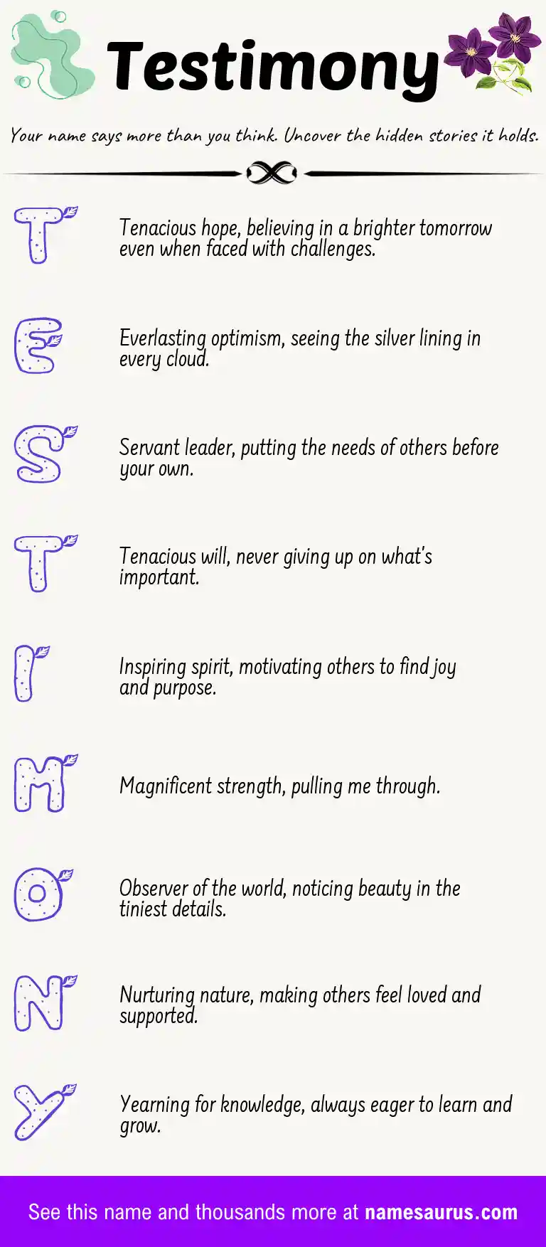 Acrostic poem about Testimony.