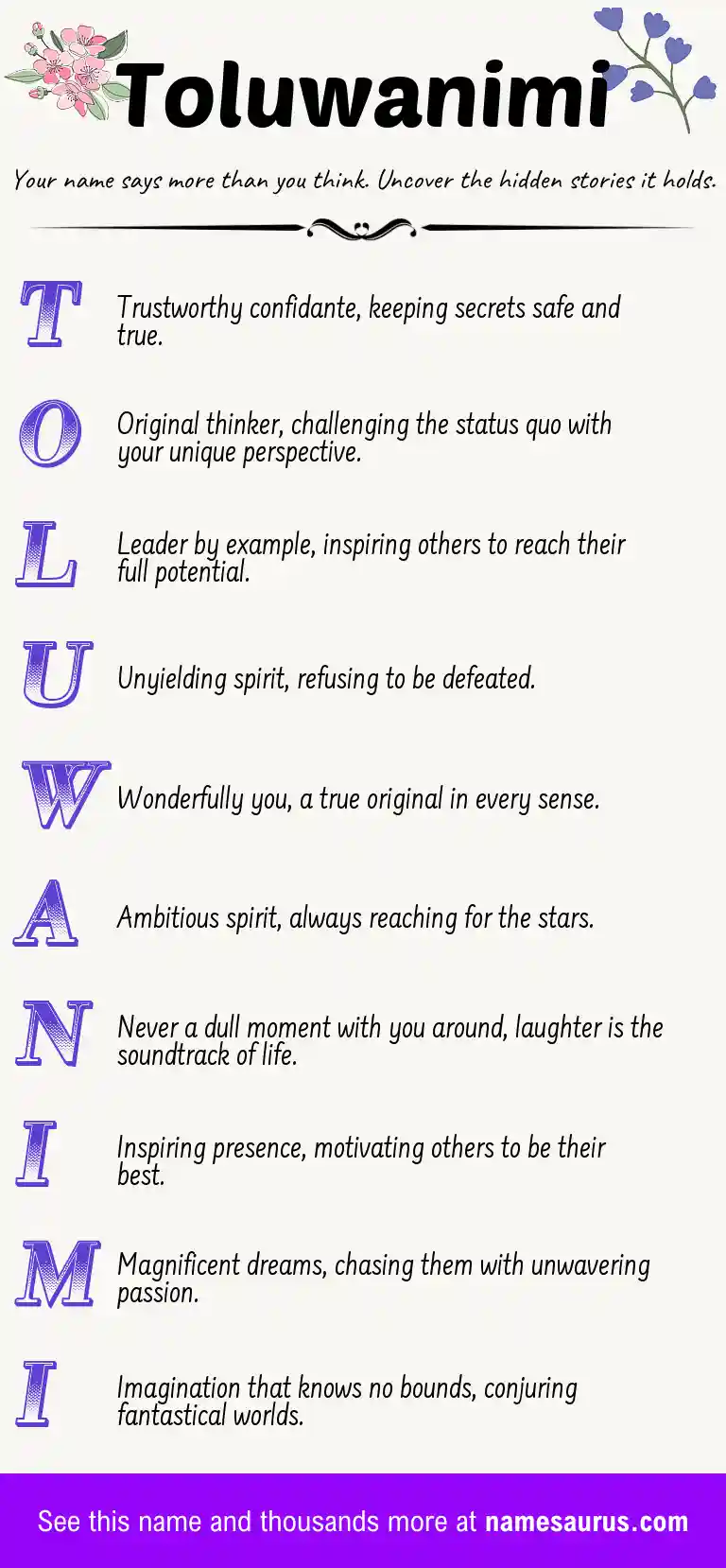 Acrostic poem about Toluwanimi.