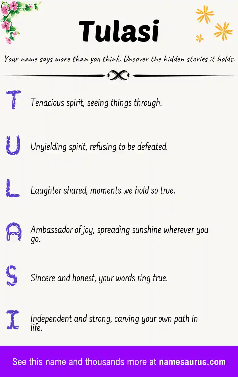 Acrostic poem about Tulasi.